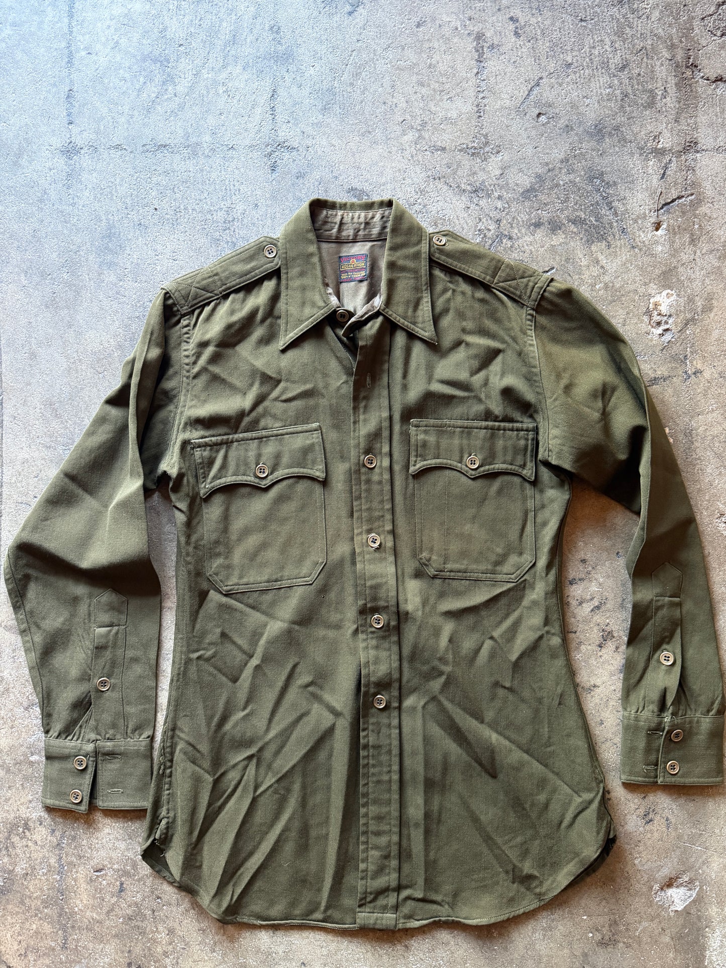 Vintage 1940s–50s Military / Work Shirt — Olive Wool Gabardine